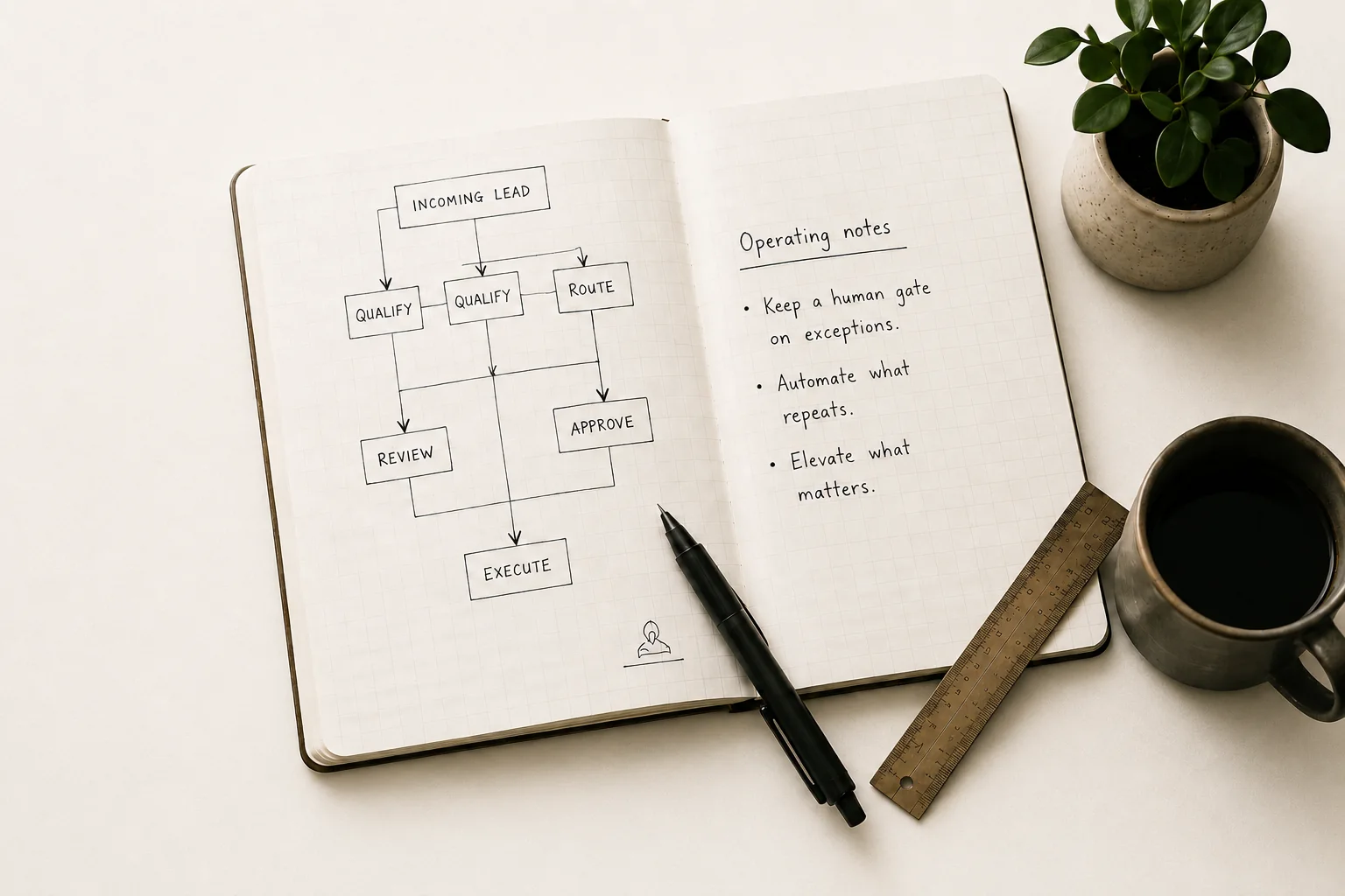 Open notebook on a marble desk with a hand-drawn lead workflow, operating notes, a pen, ruler, plant, and coffee.